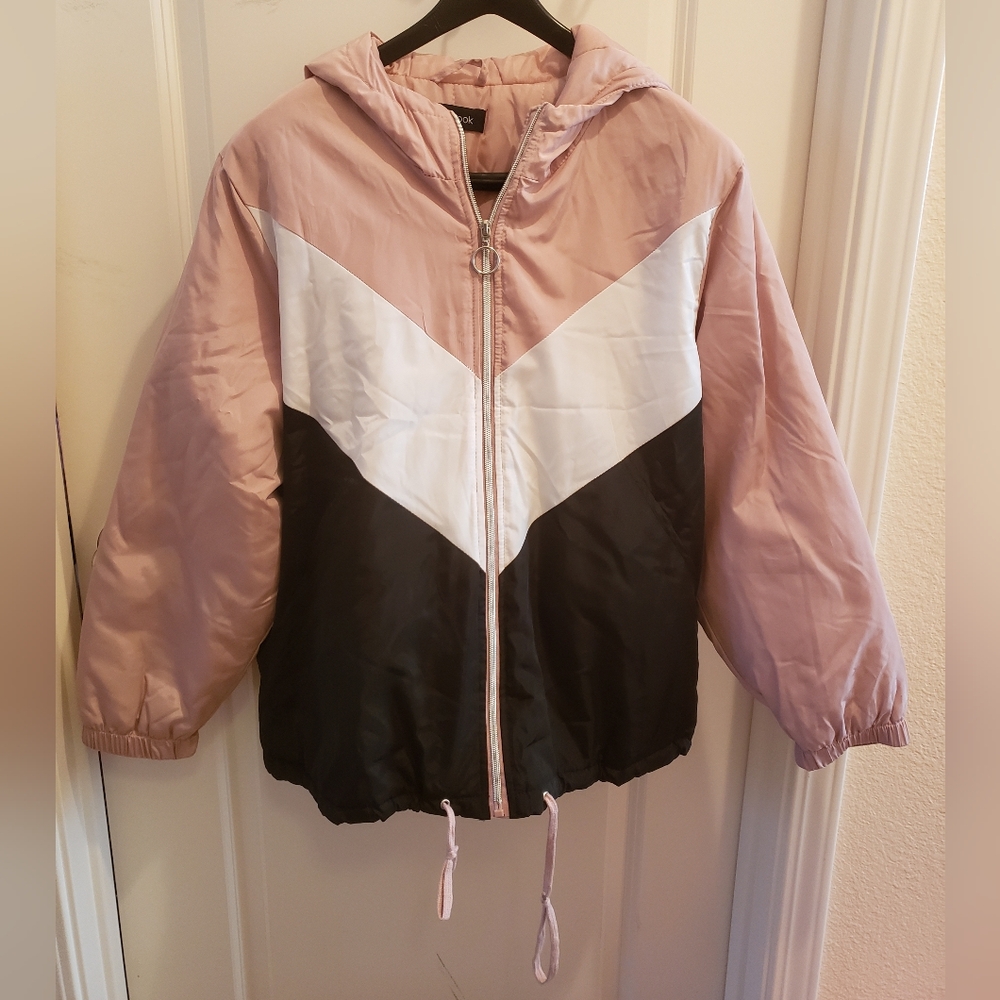Pink black and white puff zip up jacket
